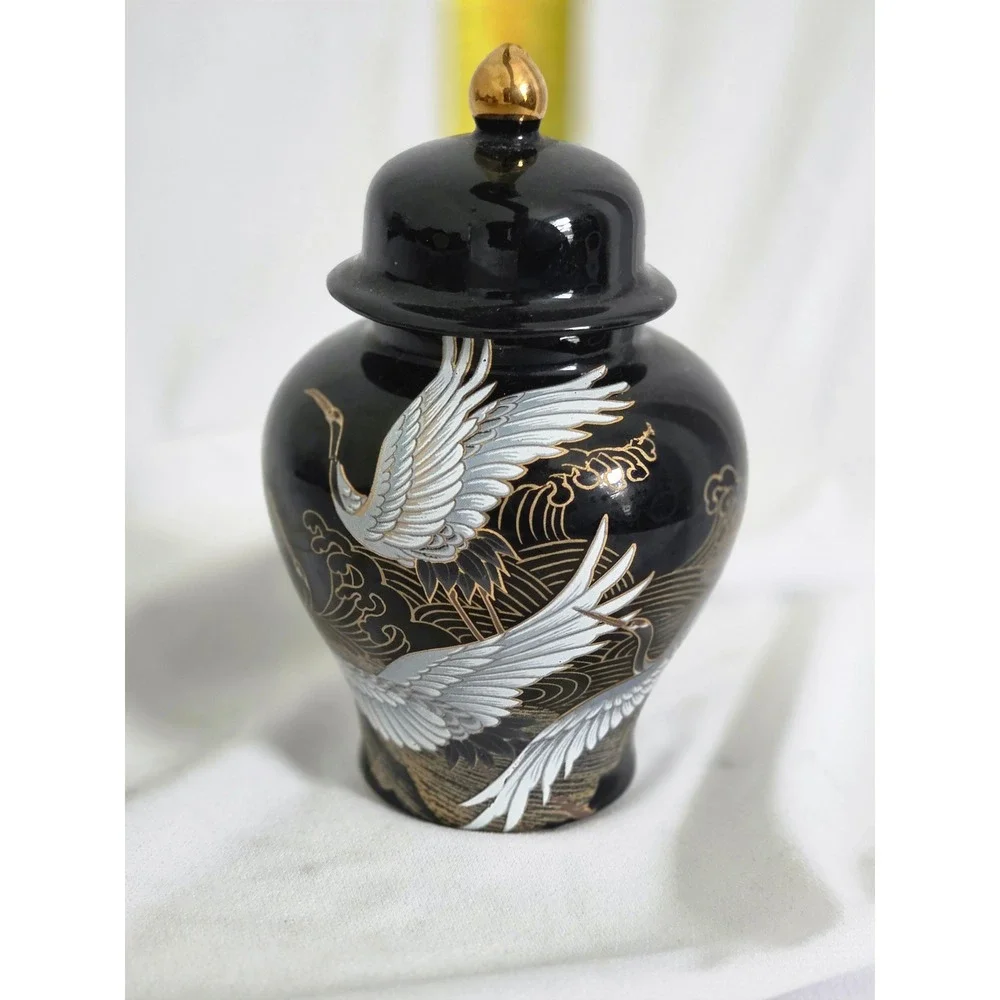 Shibata Japan Black Porcelain Jar White Cranes Gold Accents 5 Inch